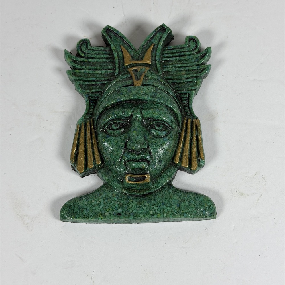Vintage Mayan Aztec Warrior Wall Plaque Green Gold Resin Decor Storage F-16